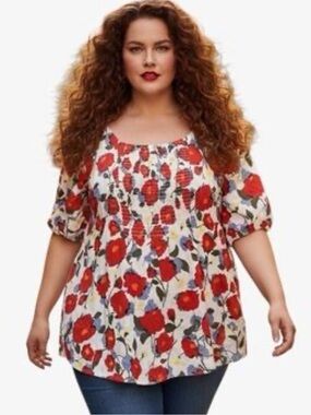 NWT- size 2X Plus-Size White Floral Smocked Peasant Top - Red Floral